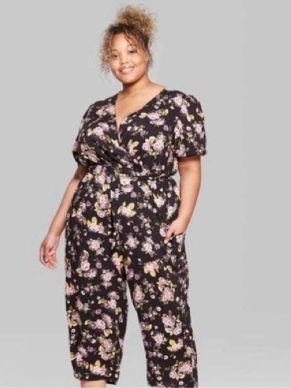 NWT Wild Fable Black Floral Jumpsuit with Puff Sleeves